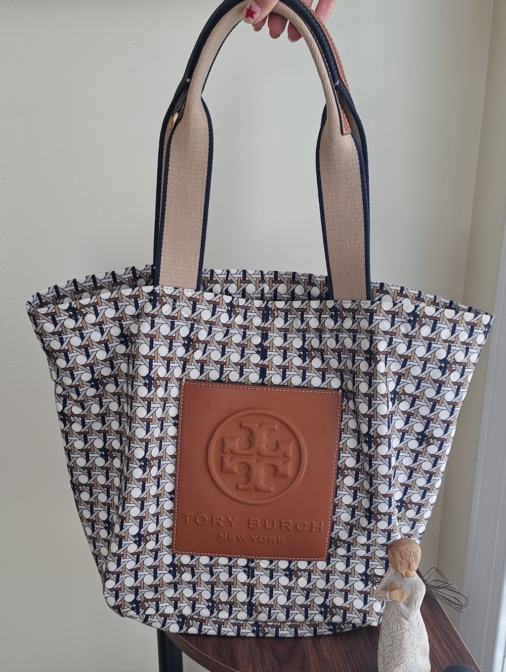 Tory Burch Gracie Navy, White & Tan Logo Canvas Tote 10008684